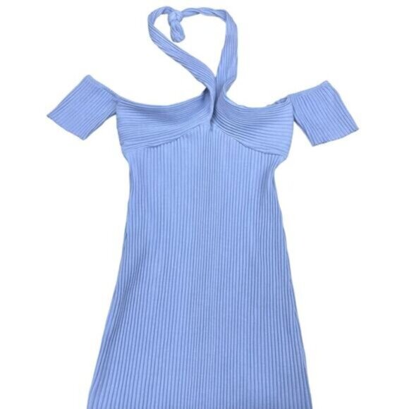 Zara Women’s Skyblue Halter Knot Ribbed Mini Dress Size Large - Picture 3 of 6